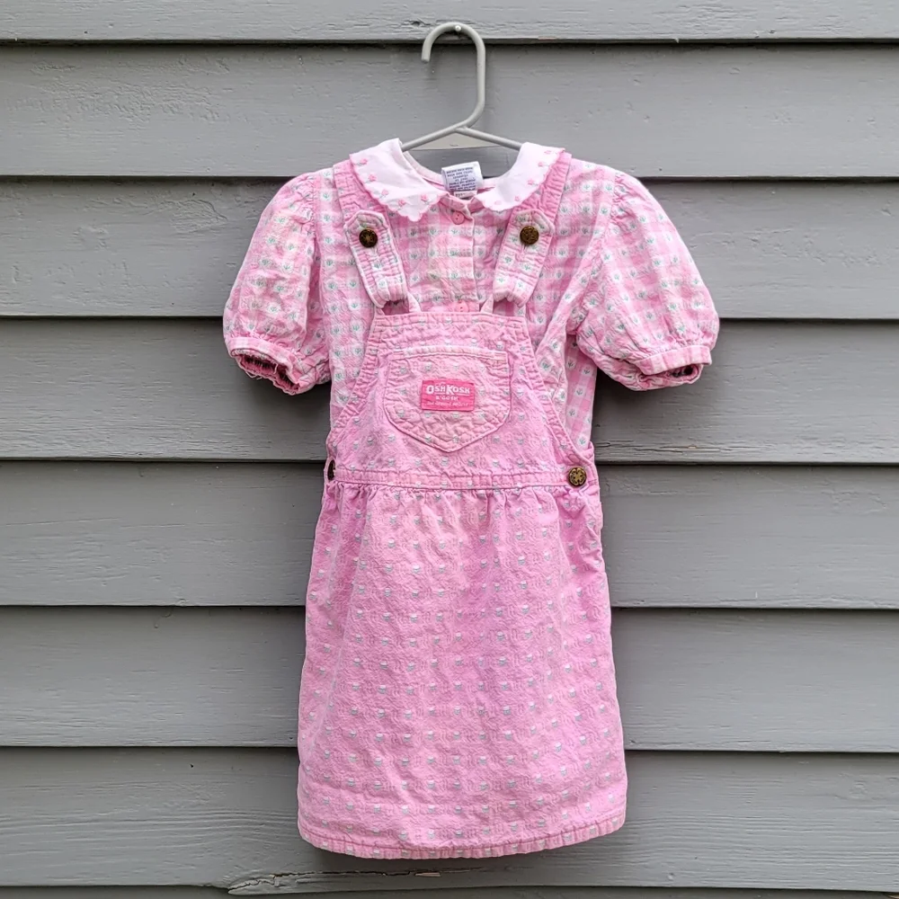 Vintage 90s Osh Kosh B'Gosh White Pink Cotton Check Floral Overalls Shirt Set 4T